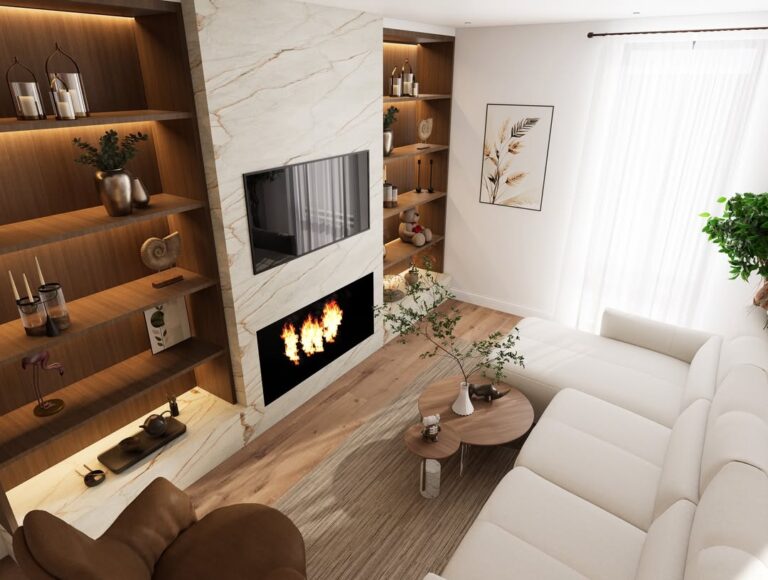 Design that speaks luxury.Marble. Warm wood. Firelight. Styled with precision by ARKVIZ for @top