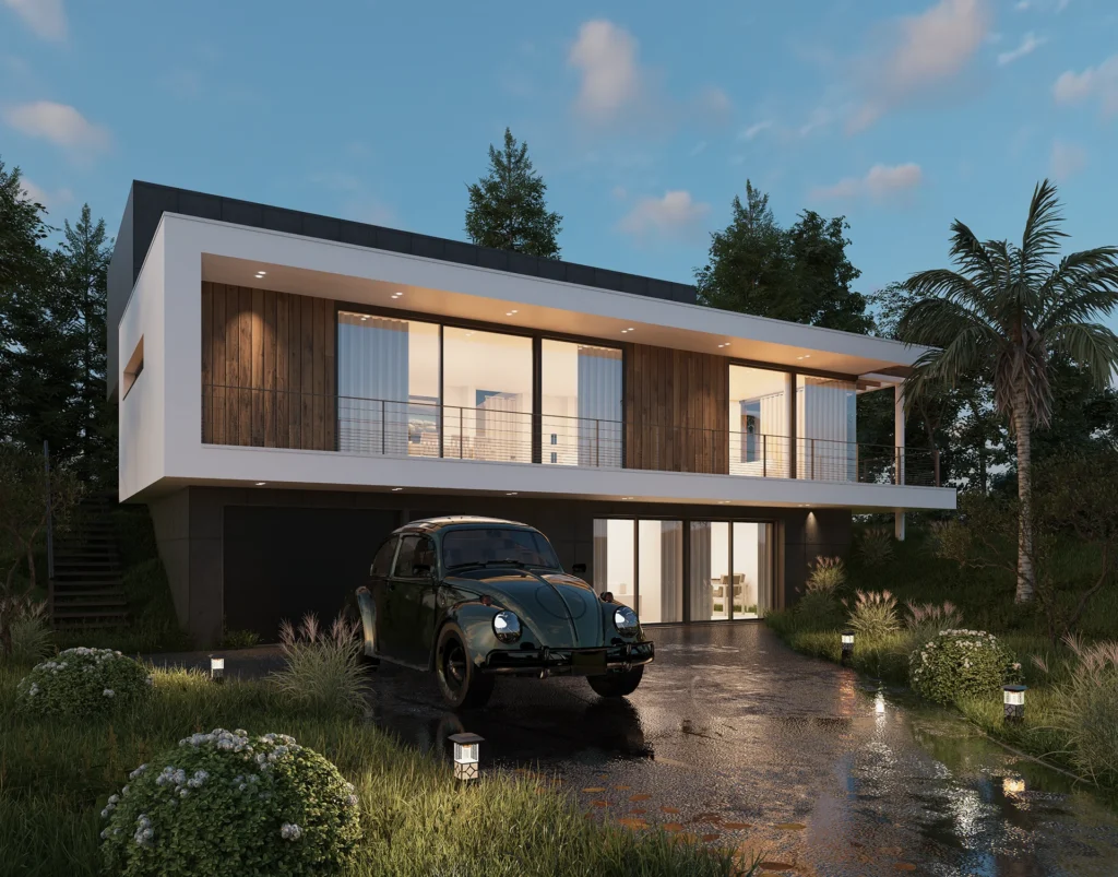 Dusk exterior view included in log cabin 3D rendering cost for home builders — photorealistic twilight render of a modern home