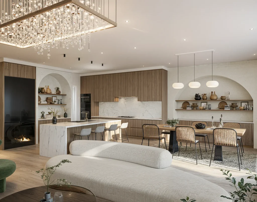 Georgian 3D rendering cost for home builders — formal living room and kitchen interior render