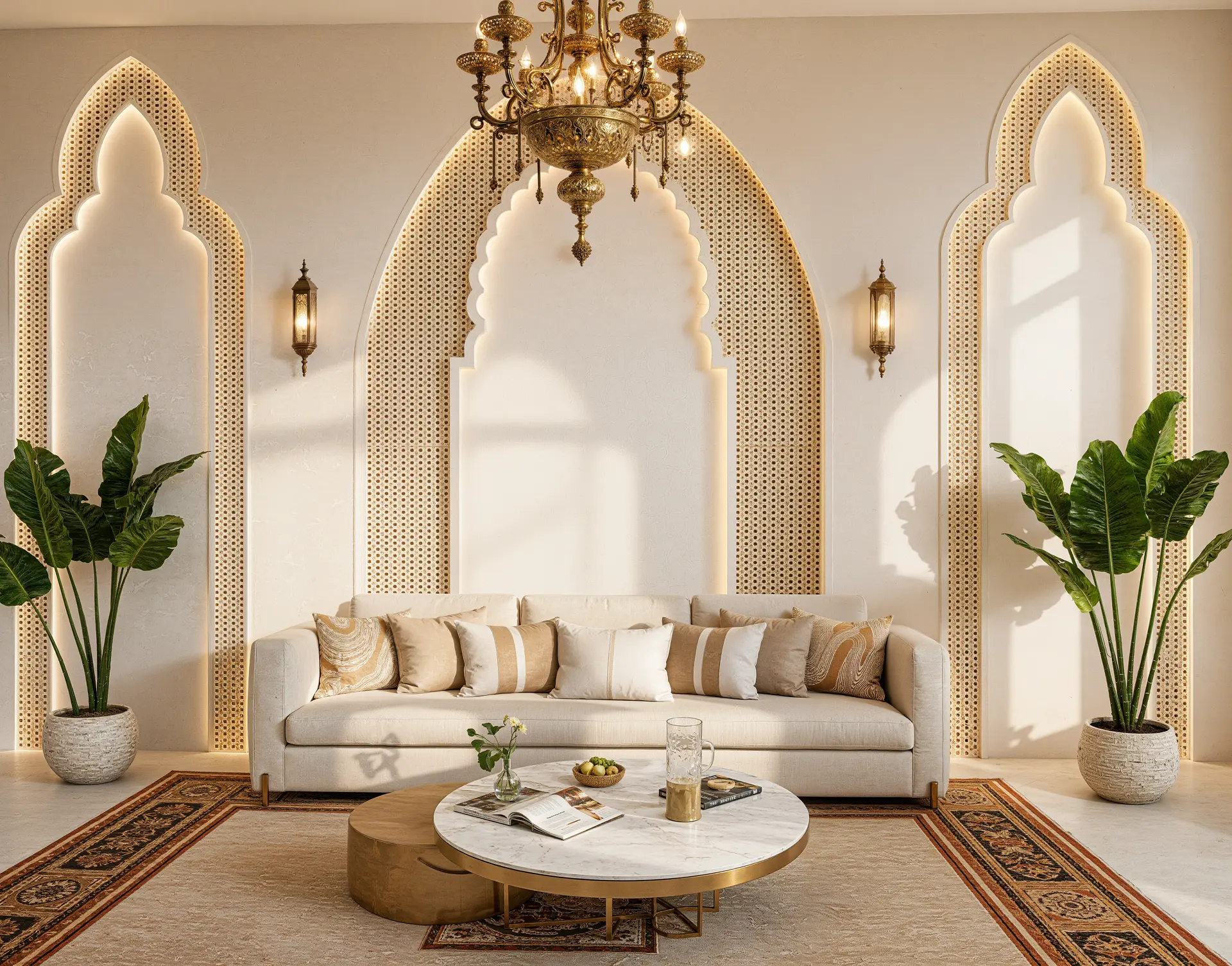 Elegant luxury living room with arched alcove, golden chandelier, modern furniture, and architectural accent lighting - 3D interior design visualization