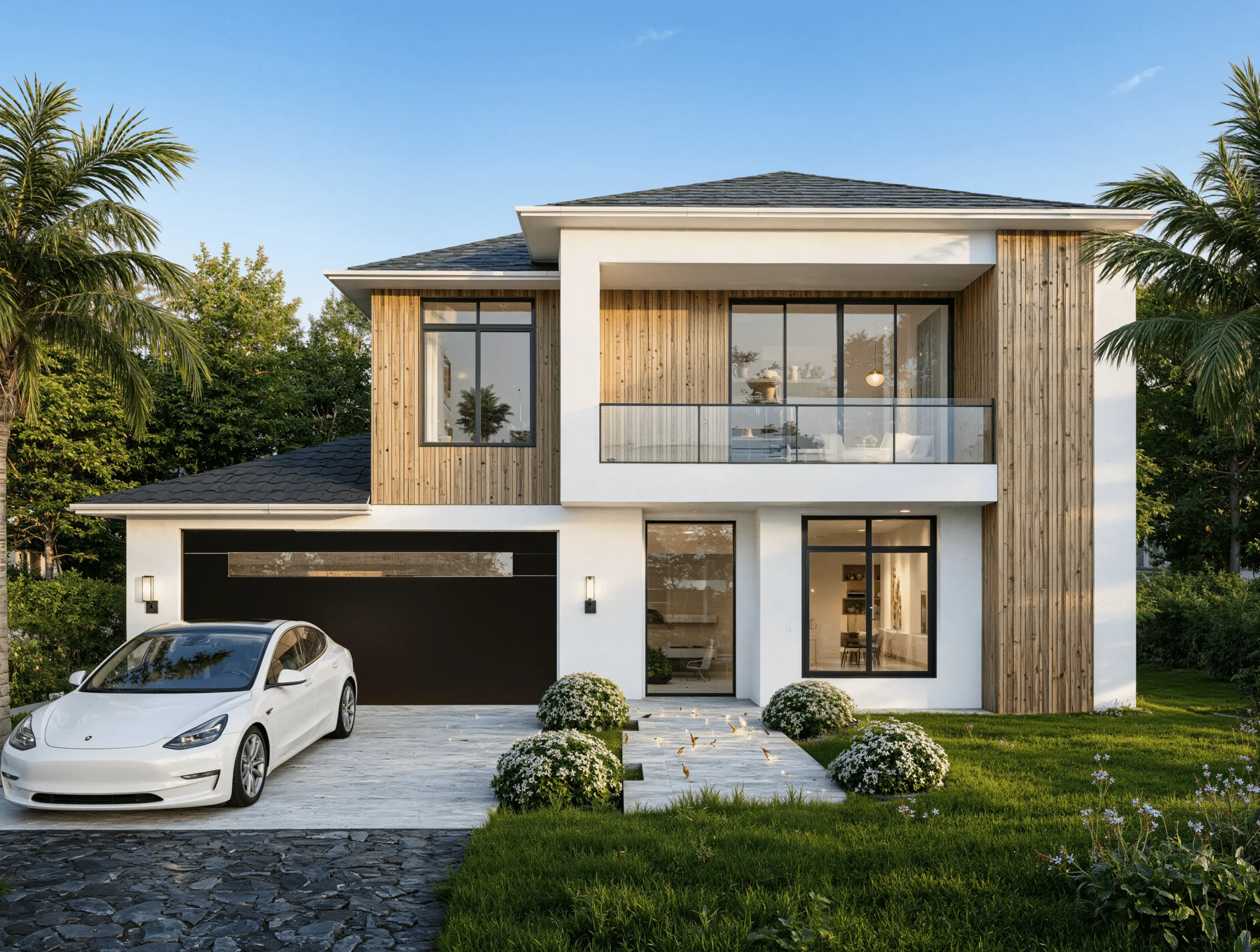 3D exterior rendering for home builders showing a residential home exterior at dusk
