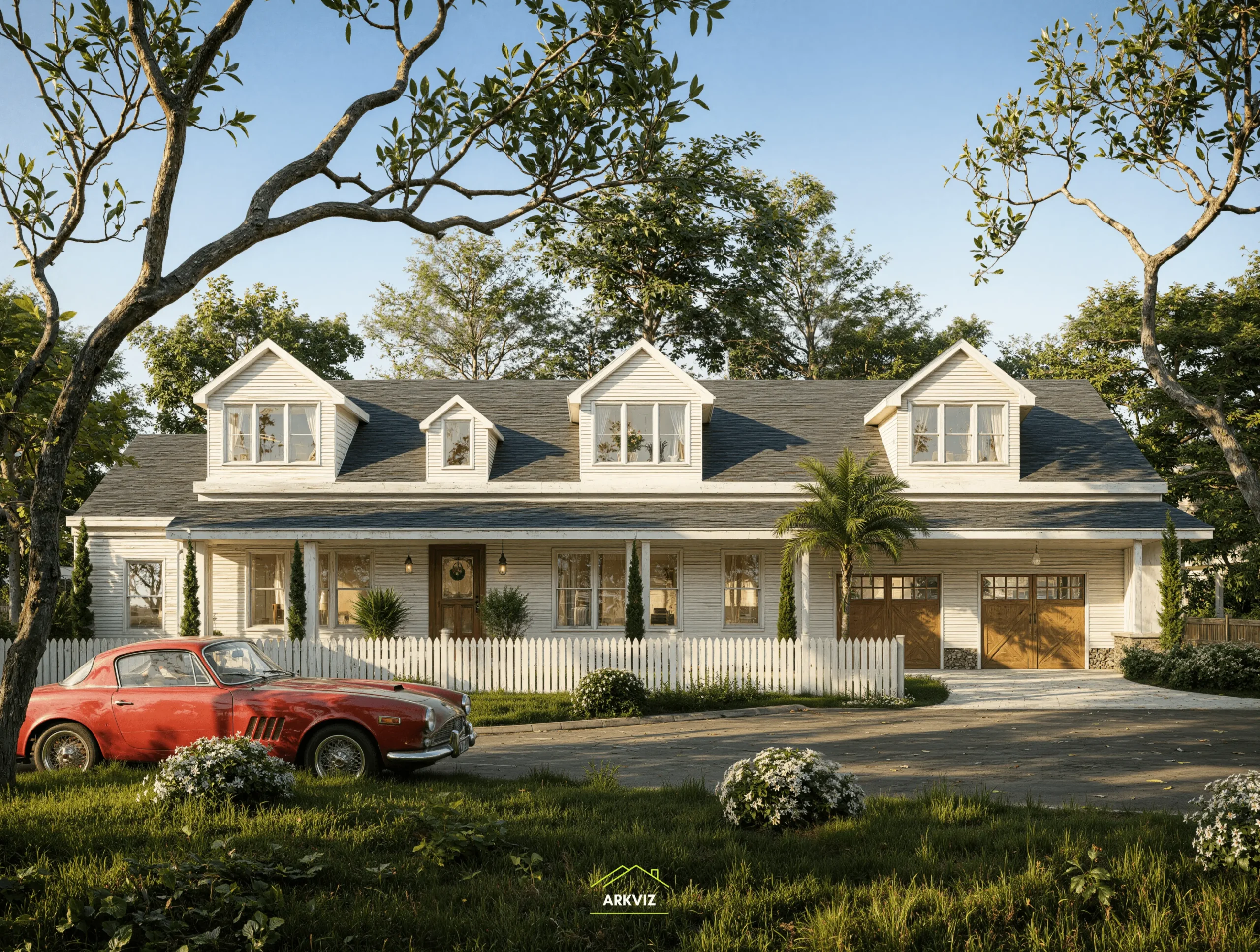 3D exterior rendering for home builders showing a luxury home exterior in daylight