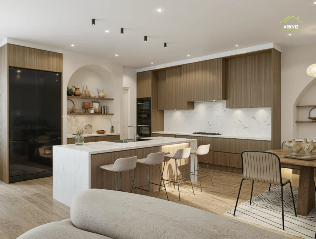 Interior 3D rendering of a modern kitchen for a home builder options studio