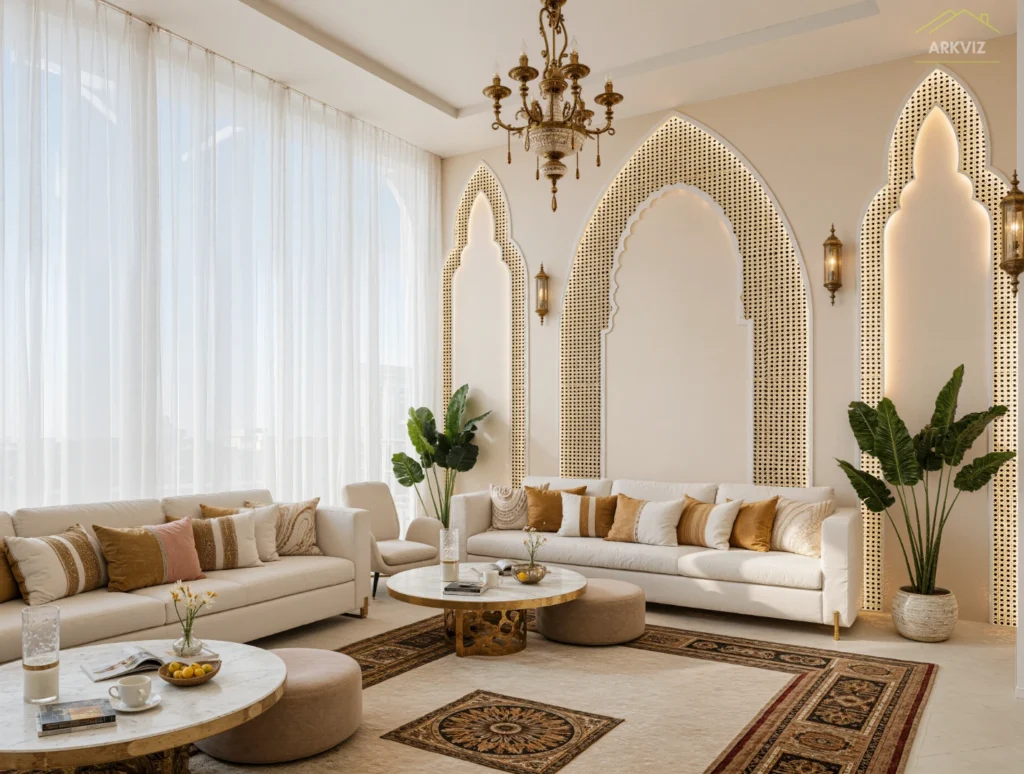 Virtual staging vs 3D rendering: photorealistic interior 3D rendering of a modern living room for a US home builder