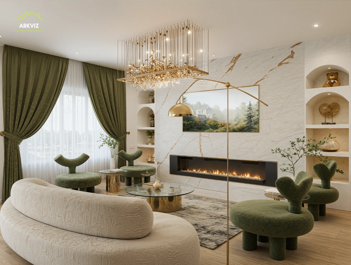 Virtually staged living room with evening light &mdash; virtual staging services for home builders