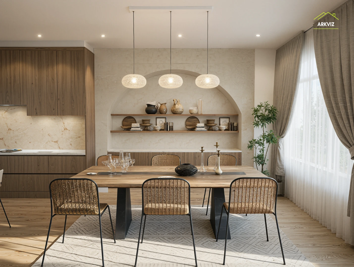 Virtually staged kitchen and dining room &mdash; virtual staging services for home builders