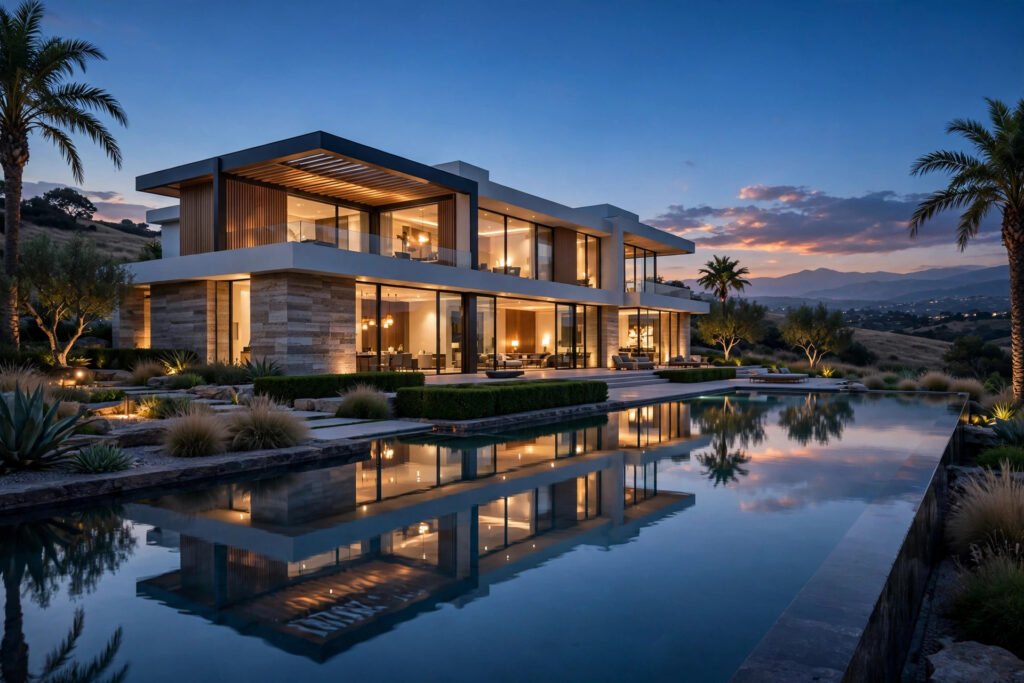 Photorealistic 3D rendering of a luxury modern home exterior at dusk.