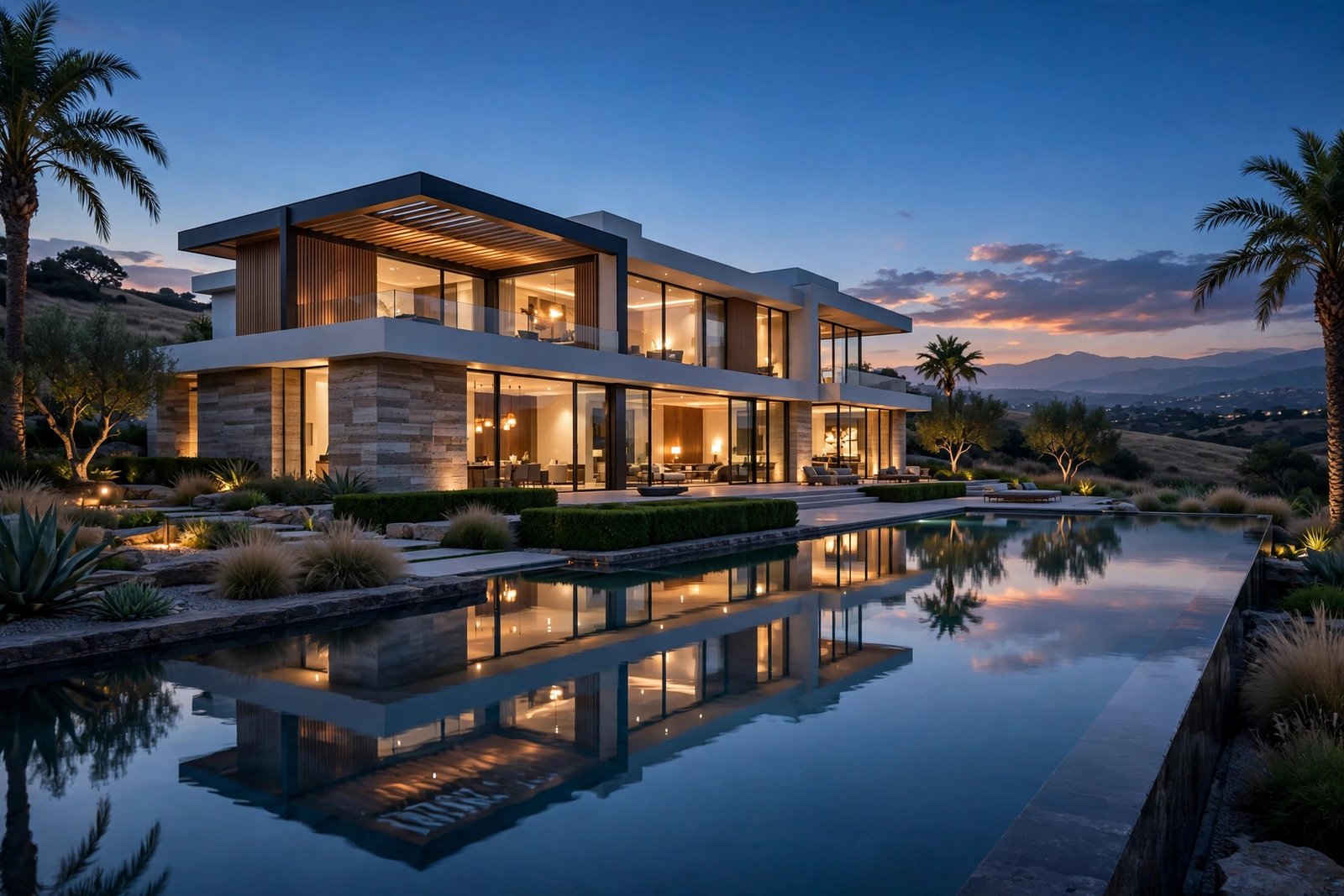 3D site plan rendering for home builders showing a luxury single-family home exterior at dusk