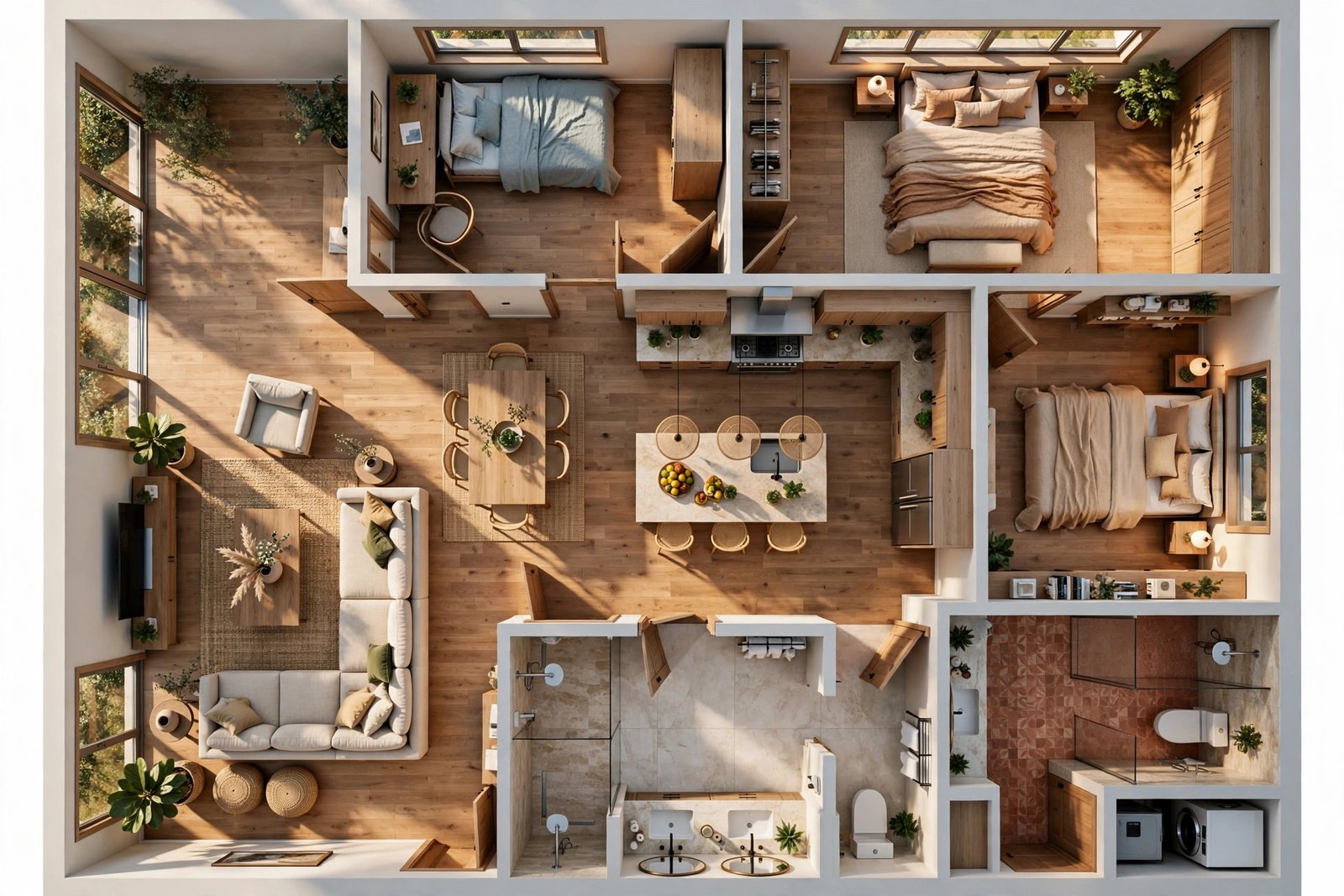3D floor plan rendering for home builders — furnished dollhouse view of a single-family home